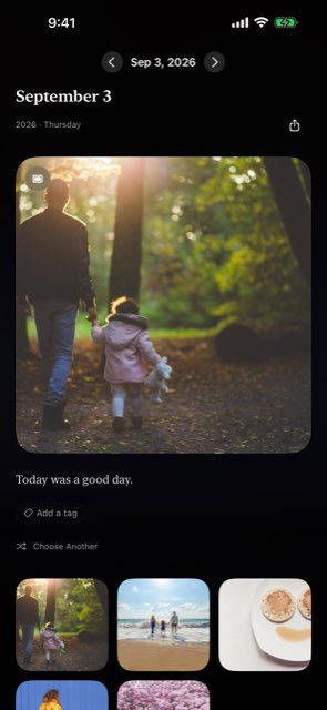 The day screen with one photo chosen and a short note